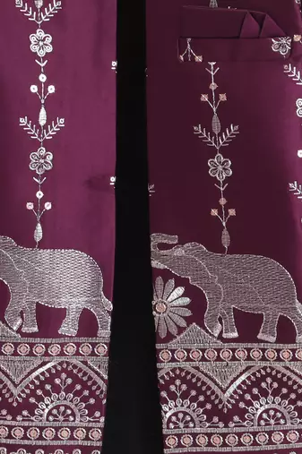 boys wine satin embroidered sherwani trouser set with waistcoat