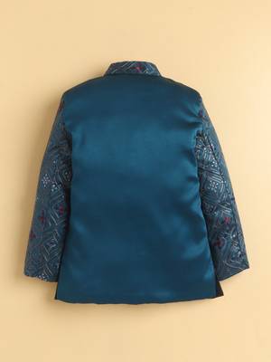 boys blue satin embroidered sherwani trouser set with waistcoat 2