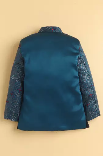 boys blue satin embroidered sherwani trouser set with waistcoat