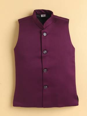 boys wine satin embroidered sherwani trouser set with waistcoat 5