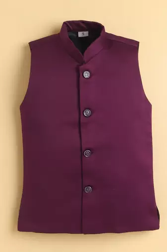 boys wine satin embroidered sherwani trouser set with waistcoat
