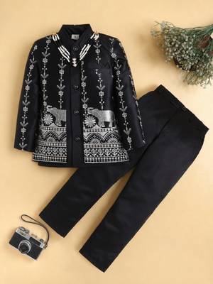 boys black satin embroidered sherwani trouser set with waistcoat 1