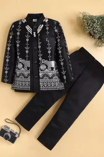 boys black satin embroidered sherwani trouser set with waistcoat