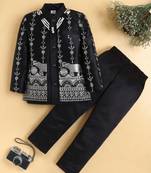 boys black satin embroidered sherwani trouser set with waistcoat