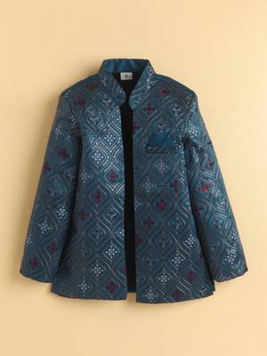 boys blue satin embroidered sherwani trouser set with waistcoat 3