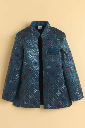 boys blue satin embroidered sherwani trouser set with waistcoat