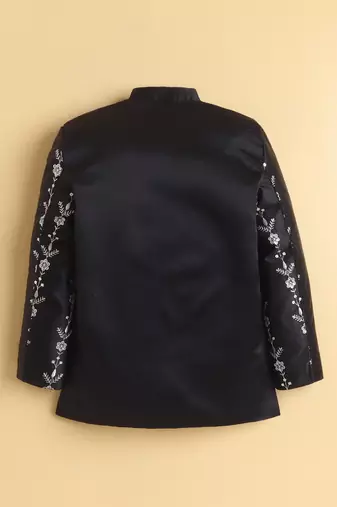 boys black satin embroidered sherwani trouser set with waistcoat