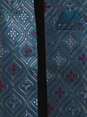 boys blue satin embroidered sherwani trouser set with waistcoat 4