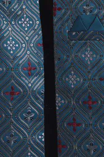 boys blue satin embroidered sherwani trouser set with waistcoat