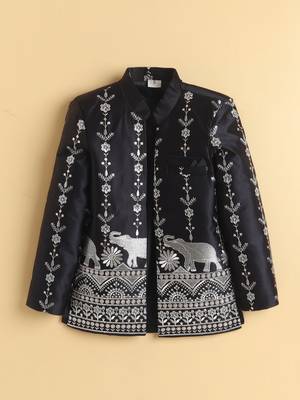 boys black satin embroidered sherwani trouser set with waistcoat 3