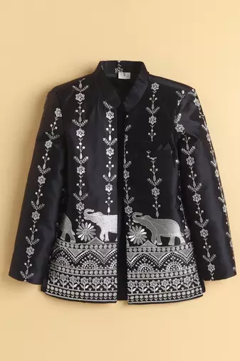 boys black satin embroidered sherwani trouser set with waistcoat