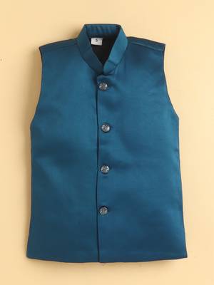 boys blue satin embroidered sherwani trouser set with waistcoat 5