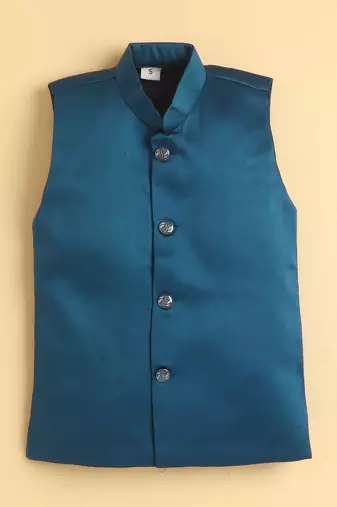 boys blue satin embroidered sherwani trouser set with waistcoat