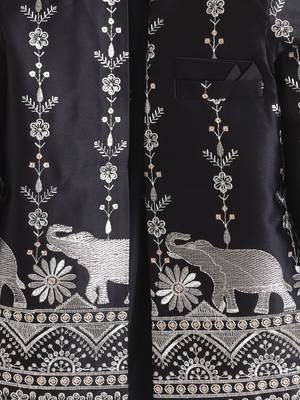 boys black satin embroidered sherwani trouser set with waistcoat 4