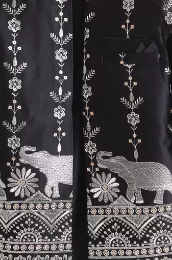 boys black satin embroidered sherwani trouser set with waistcoat