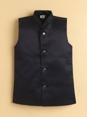 boys black satin embroidered sherwani trouser set with waistcoat 5