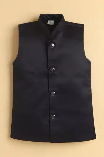 boys black satin embroidered sherwani trouser set with waistcoat