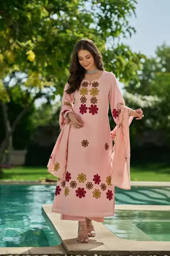 Peach Floral Embroidered Straight Kurta Set – Elegant Women’s Ethnic Wear Collection