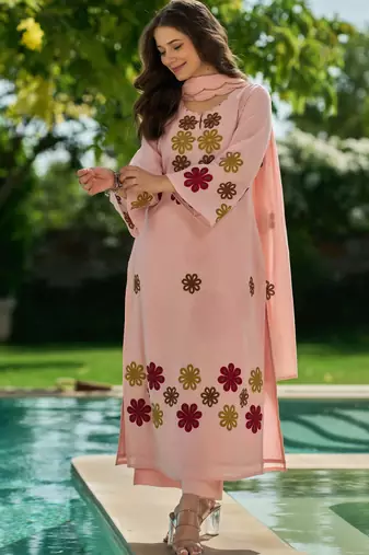 Peach Floral Embroidered Straight Kurta Set – Elegant Women’s Ethnic Wear Collection