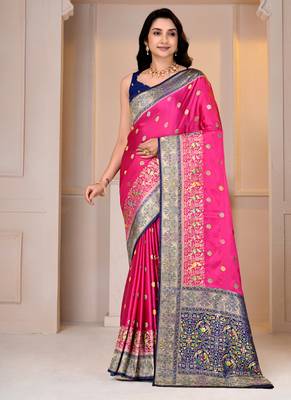 Premium rani pink and blue silk blend wedding and party wear saree with blouse 1