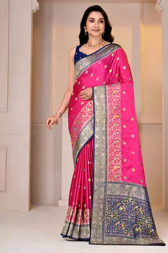 Premium rani pink and blue silk blend wedding and party wear saree with blouse