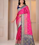 Premium rani pink and blue silk blend wedding and party wear saree with blouse