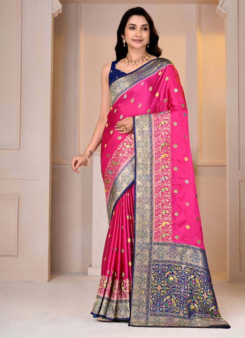 Premium rani pink and blue silk blend wedding and party wear saree with blouse