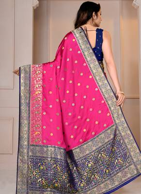 Premium rani pink and blue silk blend wedding and party wear saree with blouse 2