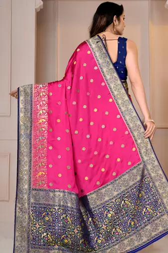 Premium rani pink and blue silk blend wedding and party wear saree with blouse