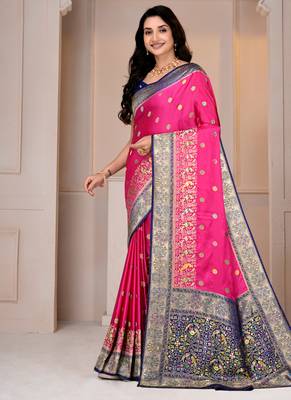 Premium rani pink and blue silk blend wedding and party wear saree with blouse 3