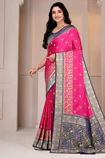 Premium rani pink and blue silk blend wedding and party wear saree with blouse