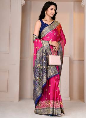 Premium rani pink and blue silk blend wedding and party wear saree with blouse 4