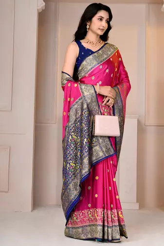 Premium rani pink and blue silk blend wedding and party wear saree with blouse