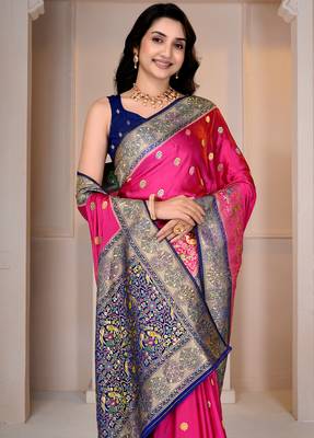 Premium rani pink and blue silk blend wedding and party wear saree with blouse 5