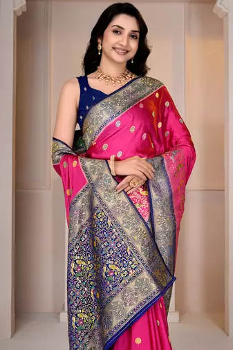 Premium rani pink and blue silk blend wedding and party wear saree with blouse