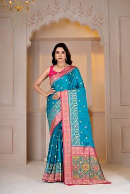 Premium firozi and pink silk blue wedding and party wear saree with blouse 1