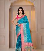 Premium firozi and pink silk blue wedding and party wear saree with blouse