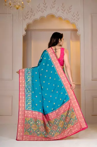 Premium firozi and pink silk blue wedding and party wear saree with blouse
