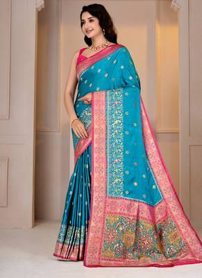 Premium firozi and pink silk blue wedding and party wear saree with blouse 3