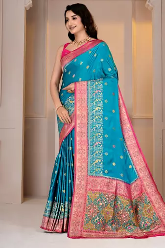 Premium firozi and pink silk blue wedding and party wear saree with blouse