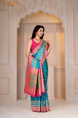 Premium firozi and pink silk blue wedding and party wear saree with blouse 4