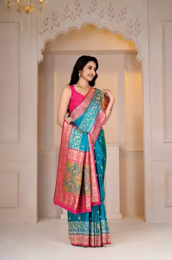 Premium firozi and pink silk blue wedding and party wear saree with blouse