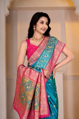 Premium firozi and pink silk blue wedding and party wear saree with blouse 5