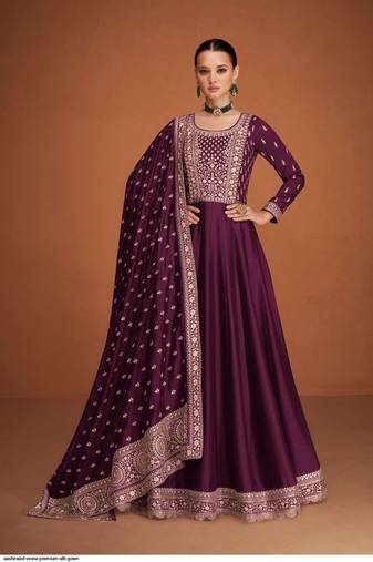 Premium Plum Embroidered Anarkali Gown with Designer Dupatta – Festive Ethnic Wear