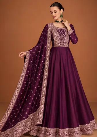 Premium Plum Embroidered Anarkali Gown with Designer Dupatta – Festive Ethnic Wear
