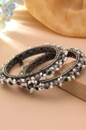 Multi color oxidised silver plated openable bangles