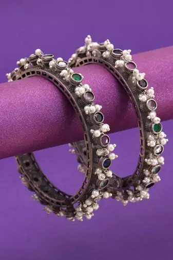 Multi color oxidised silver plated openable bangles