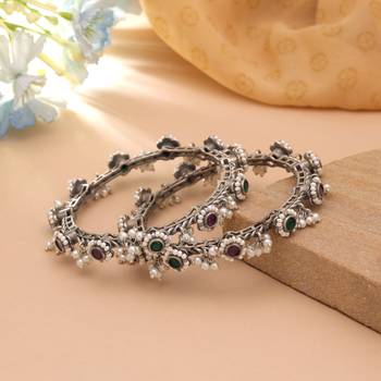 Pink & green color two tone oxidised openable bangles 1