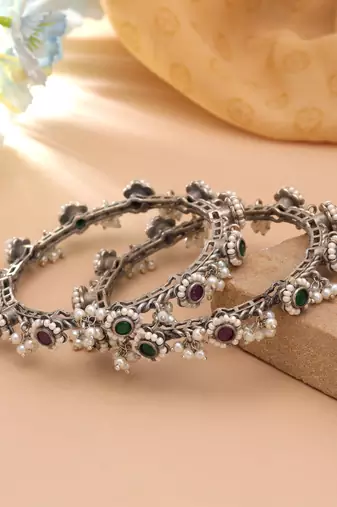 Pink & green color two tone oxidised openable bangles