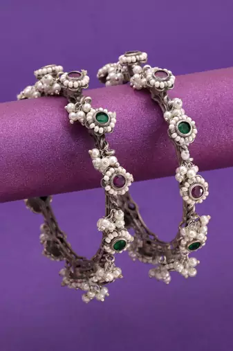 Pink & green color two tone oxidised openable bangles